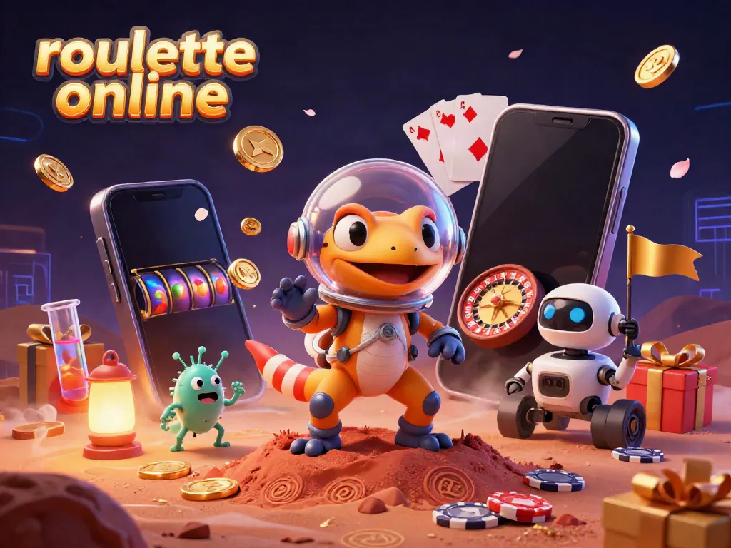 Experience the thrill of roullete online with a Martian gecko and casino games in a vivid illustration.