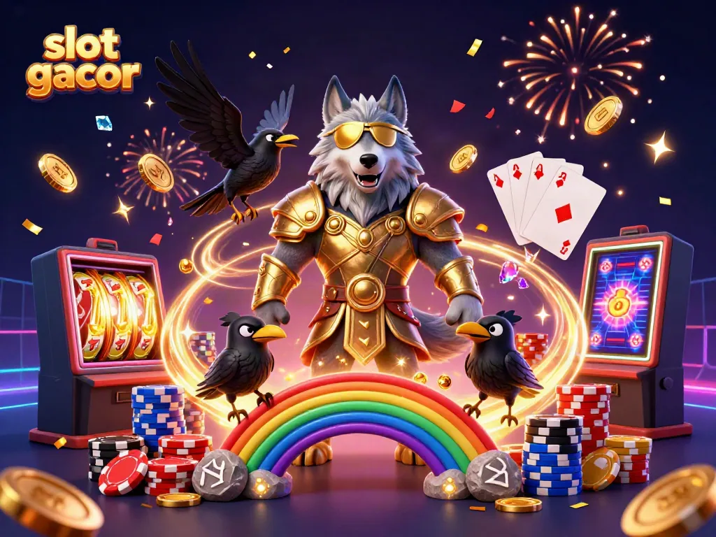 Engage with slot gacor amidst a vibrant casino scene featuring Odin and his ravens surrounded by slot machines.