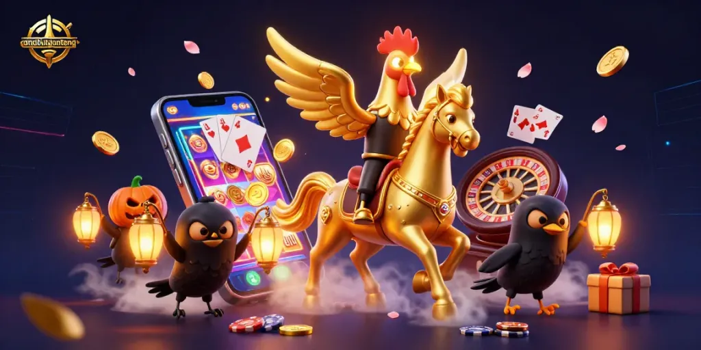 Gambarkan anabulganteng dalam kasino malam yang cerah, slot terbang dan koin emas berhamburan.