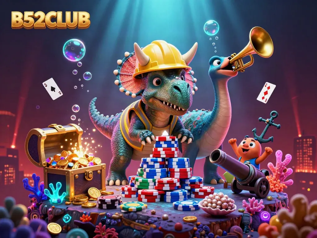 B52CLUB features a vibrant underwater casino scene with a triceratops building poker chips.