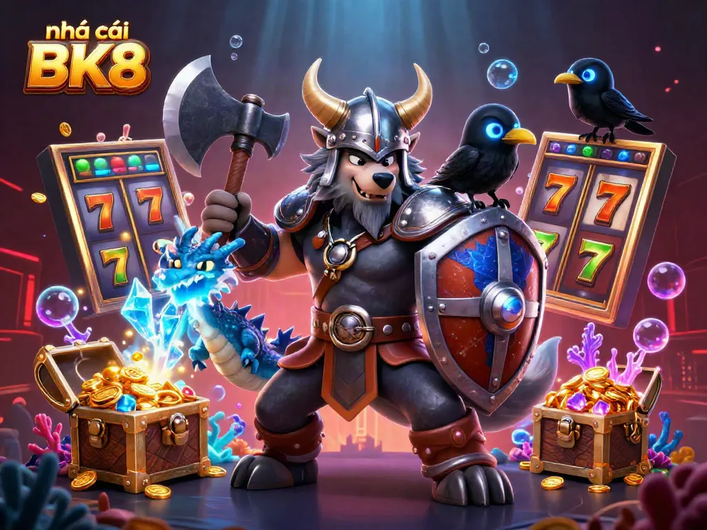 Engaging scene showcasing nhà cái BK8 with Viking wolf warrior, icy dragon, and vibrant casino elements.