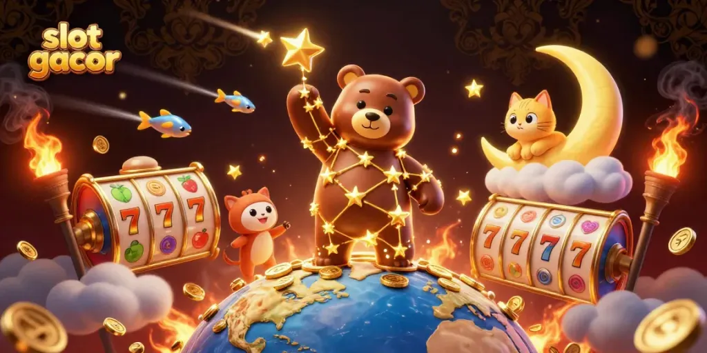 Engage with slot gacor through vibrant 3D casino illustration with lucky symbols and characters.