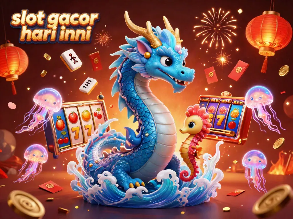 Menangkan slot gacor hari ini dengan ilustrasi 3D naga air dan kuda laut di lingkungan yang meriah.