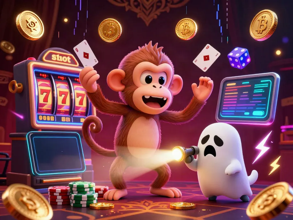 Engage with slots and jackpots in a vibrant haunted casino scene featuring poltergeist monkey juggling golden coins.