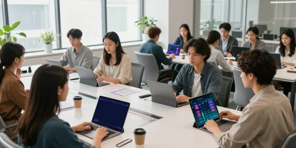 Individuals exploring Alternatives to QOVES through facial analysis apps in a vibrant co-working space.