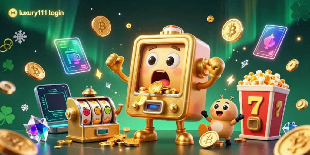 Experience the excitement of luxury111 login with a golden slot machine celebrating its jackpot in a vibrant casino-themed scene.