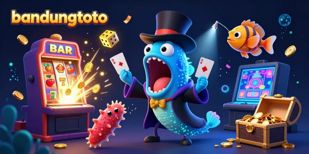 Experience thrilling card tricks with bandungtoto's animated deep-sea characters in a vibrant casino scene.