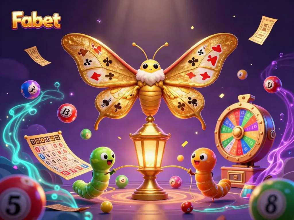 Fabet features a vibrant 3D fantasy scene with a giant moth and lottery balls bouncing dynamically in a rich casino atmosphere.