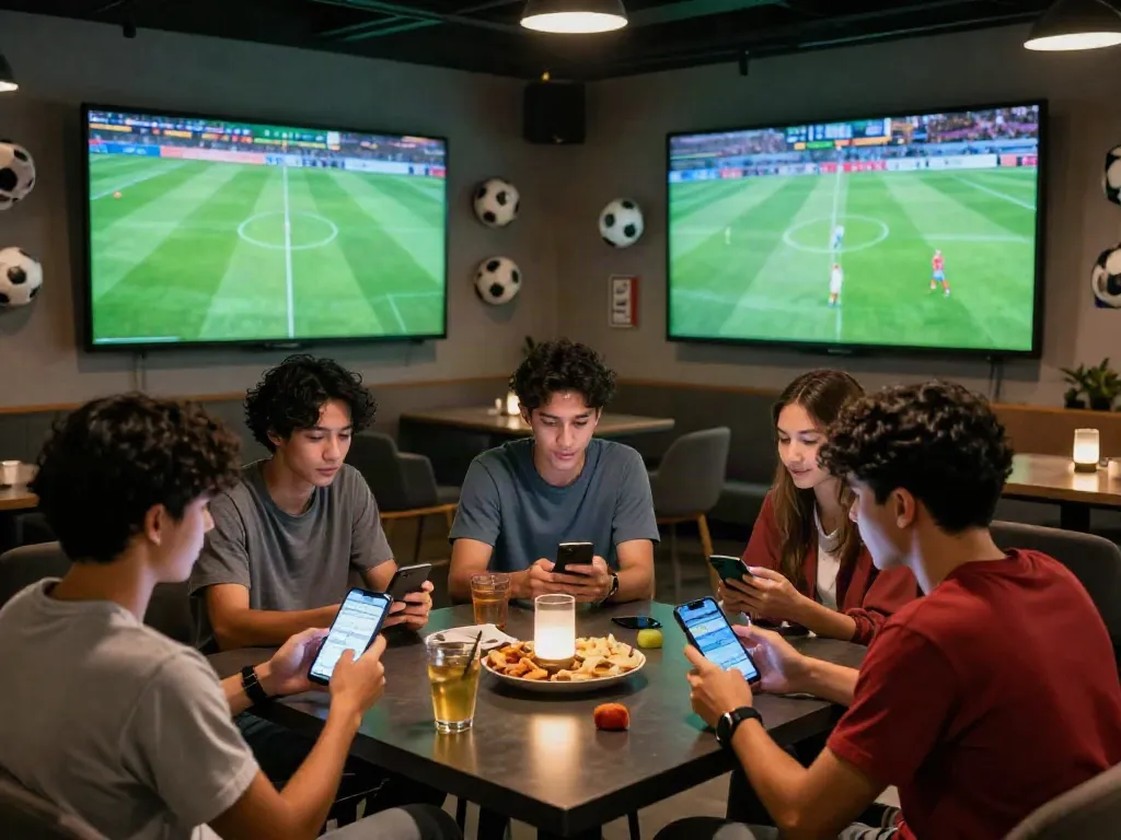 Engaging WWBOLA soccer betting scene with friends analyzing odds