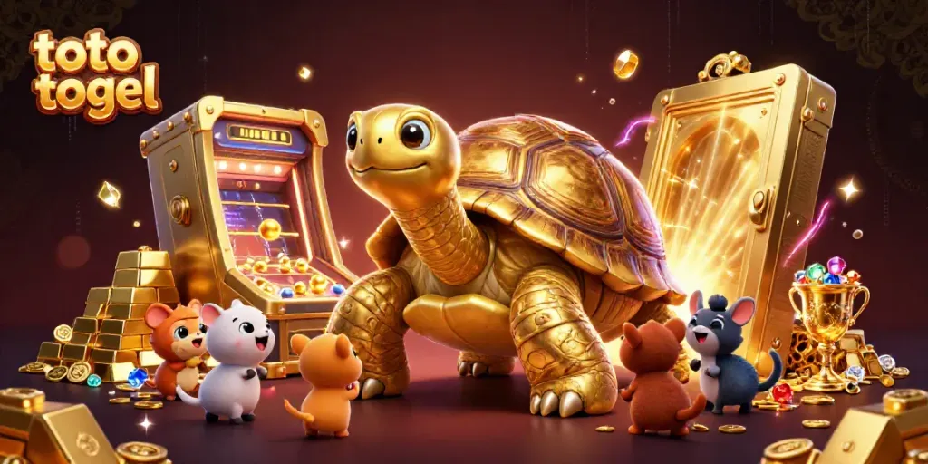 Engage with the exciting world of toto togel through this vibrant 3D illustration featuring a golden tortoise and treasure.