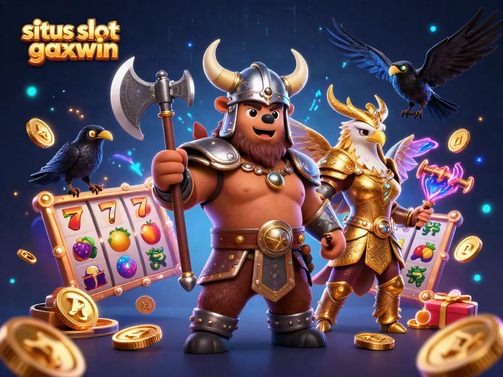 Engage in thrilling gameplay at situs slot gacor maxwin with the Viking berserker and Valkyrie eagle amidst fruit-filled slot reels.