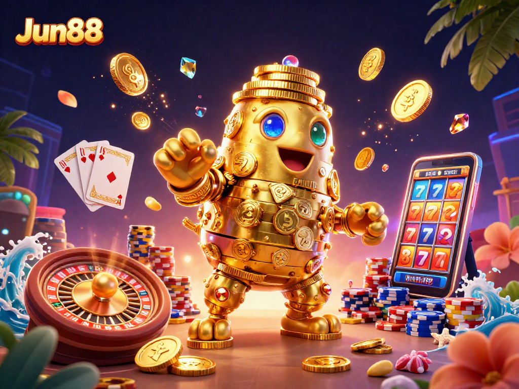 Experience thrilling gameplay at Jun88 with vibrant casino elements and a magical golden golem