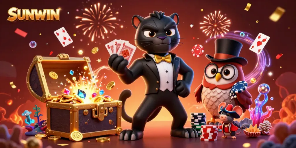 Experience the excitement of SUNWIN with stylish card-dealing characters and underwater treasures in a vibrant casino-themed scene.