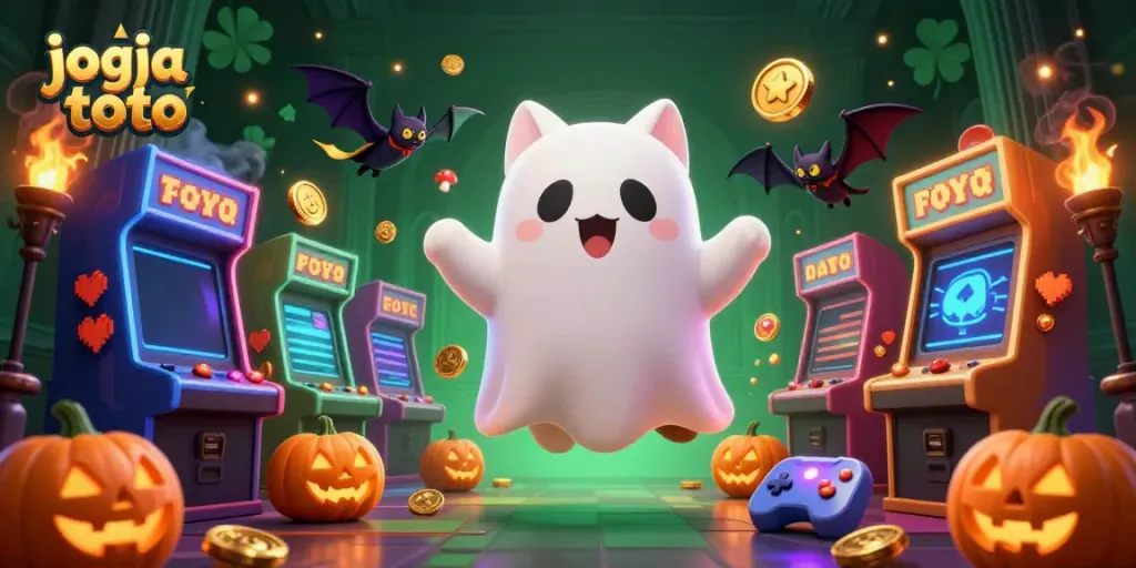 Engage with jogja toto in a vibrant casino scene featuring a friendly ghost cat and vampire bat.