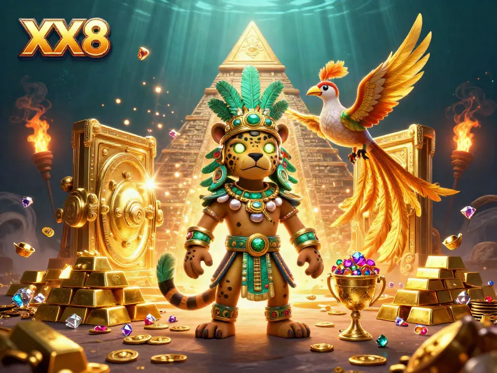 Experience winning moments with XX8, showcasing a vibrant Mayan-themed casino scene filled with treasures.