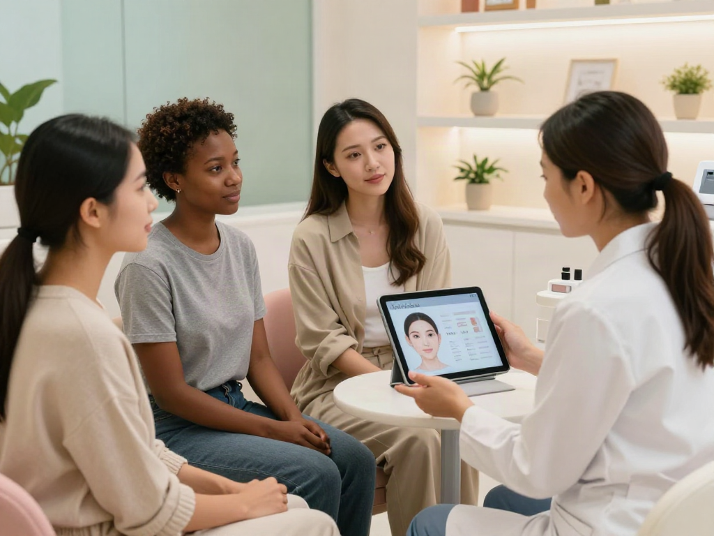 Comparing ClinicEvo vs QOVES in a clinical beauty consultation setting, showcasing facial analysis technology.