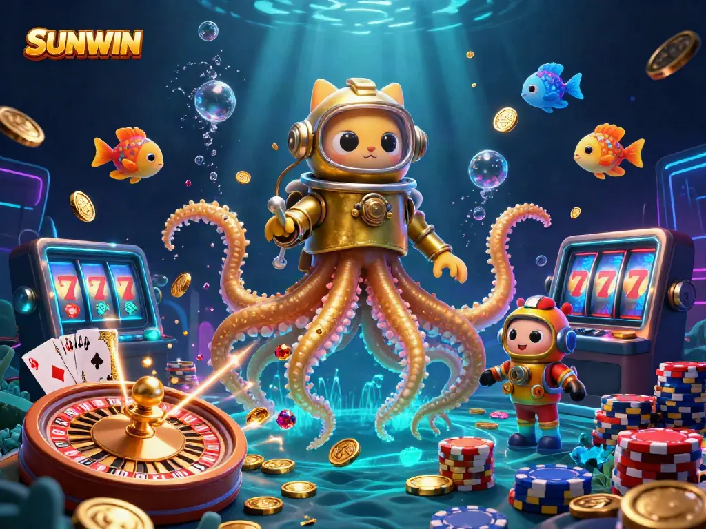 Experience thrilling gameplay at SUNWIN with a colossal kraken and a diving cat in a vibrant 3D casino scene.