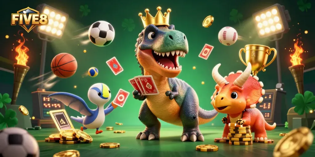 FIVE88 excels in sports betting with thrilling cartoon dinosaurs showcasing an exciting casino atmosphere.
