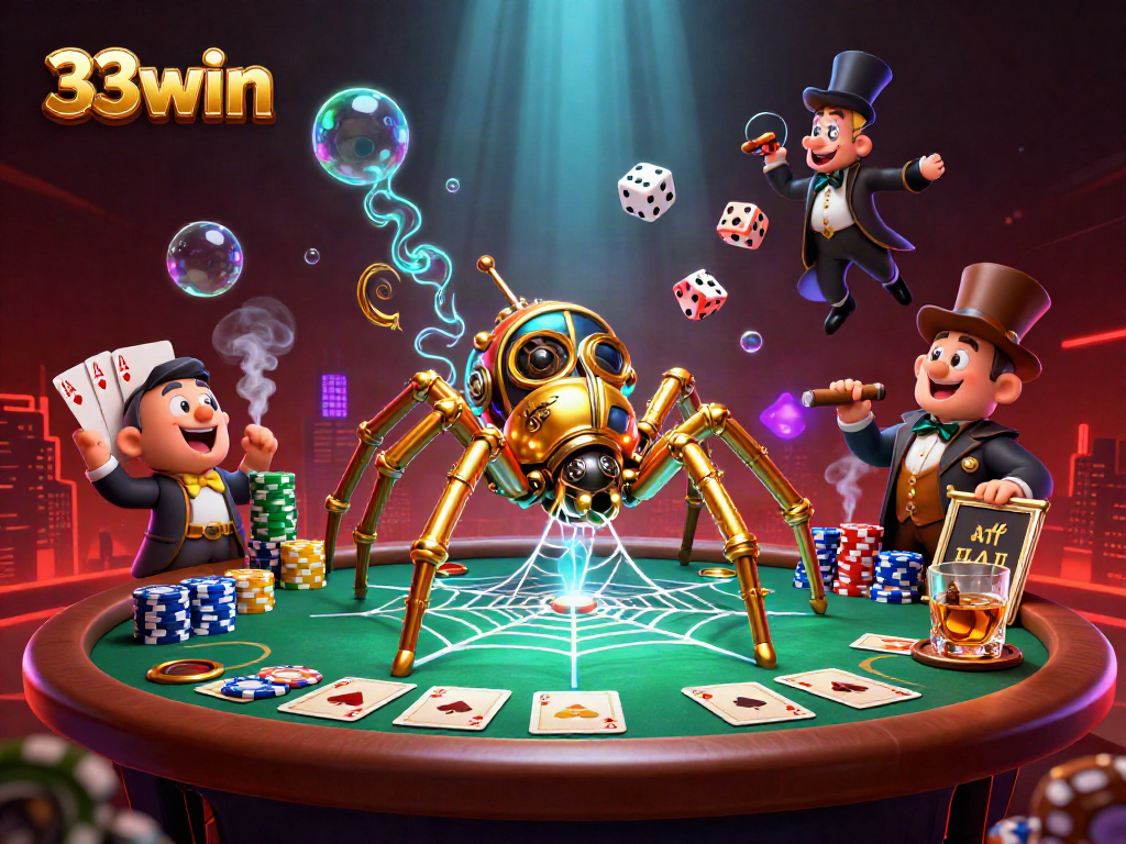 Engage with vibrant 33win steampunk casino scene featuring poker elements and animated characters.