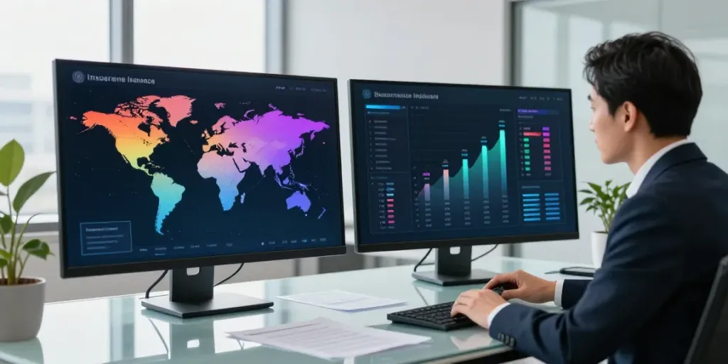 Analyzing data on the biggest insurance company in the world in a modern office setting.