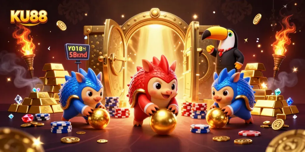 KU88 pangolins bowling through poker chips in a colorful casino scene.