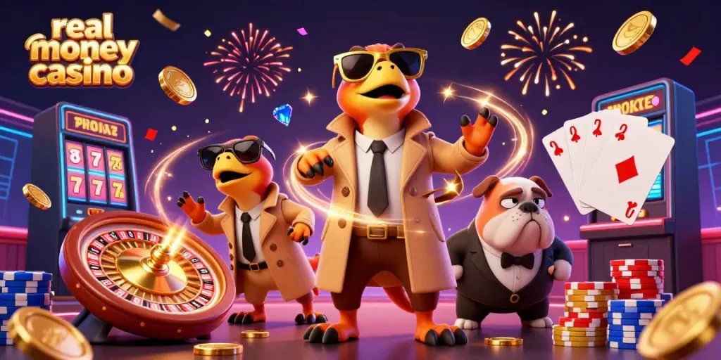 Three raptors in trench coats entering a real money casino lounge with golden coins and poker elements.