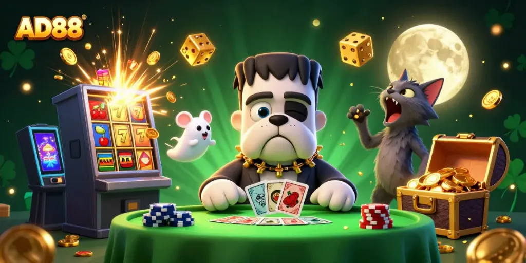 Engage with the AD88 casino experience featuring a fun Halloween scenario with unique characters and vibrant gaming elements
