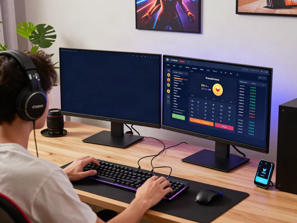 Engaging Login Dewatogel gaming setup with dual monitors and accessories.