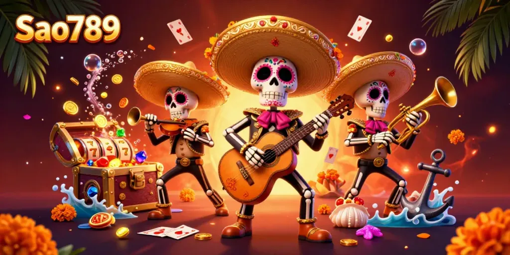 Sao789 showcases a vibrant casino scene with mariachis and colorful gaming elements bursting with excitement.