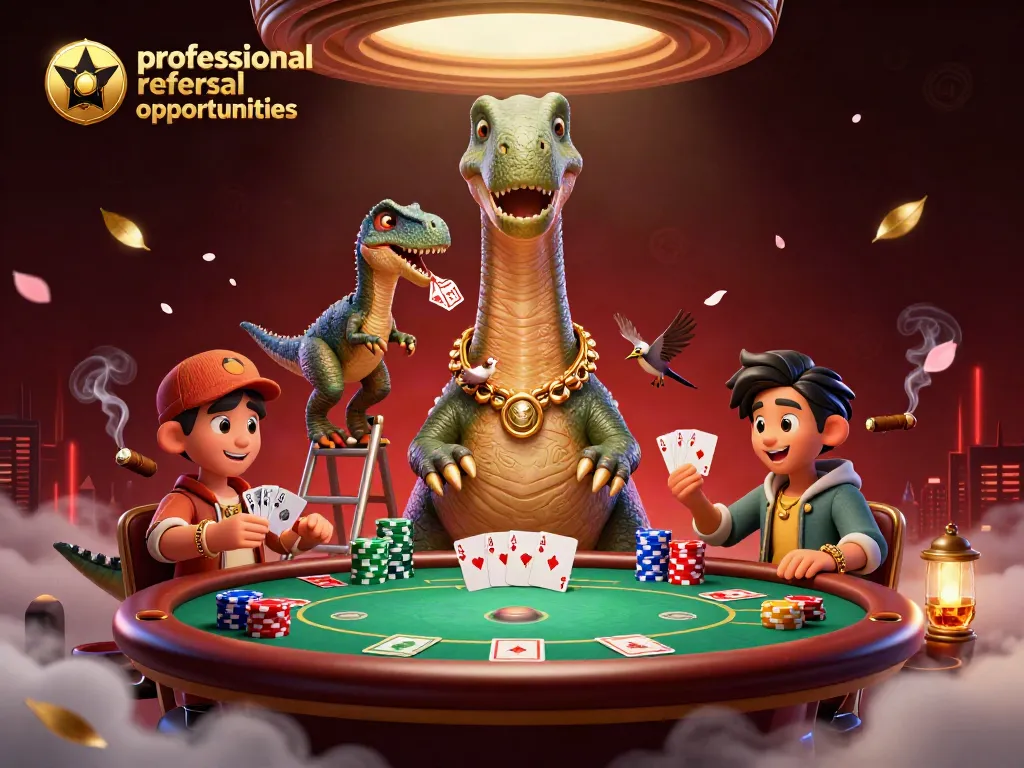 Engage with professional referral opportunities at a whimsical gambling scene featuring a unique brontosaurus and clever raptor.