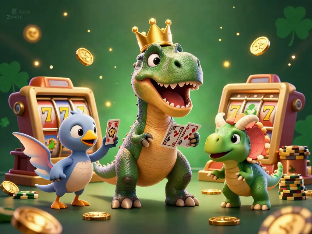 Zowin brings excitement with a T-Rex shuffling cards and friends stacking chips in a vibrant casino scene.