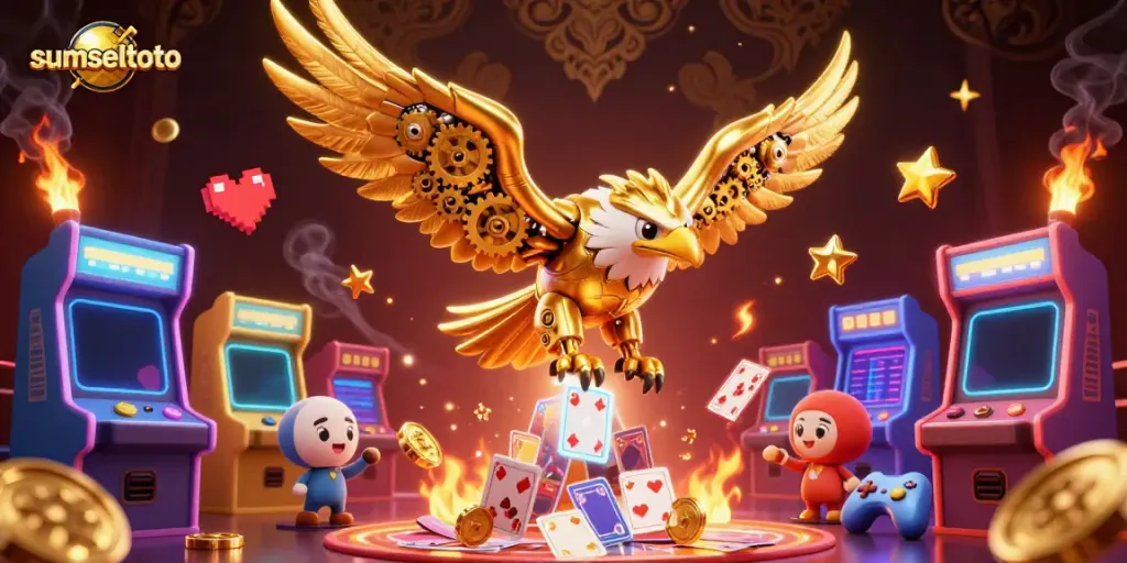Experience exciting wins with sumseltoto, featuring a futuristic eagle amidst dynamic gaming elements.