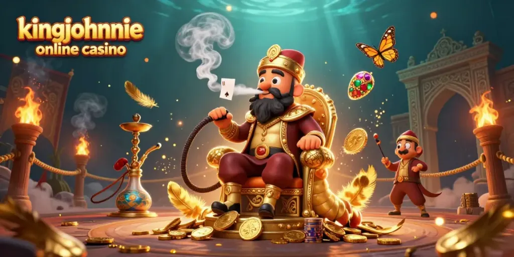 Engage with kingjohnnie online casino’s vibrant 3D illustration featuring a whimsical hookah-master and dynamic casino elements.