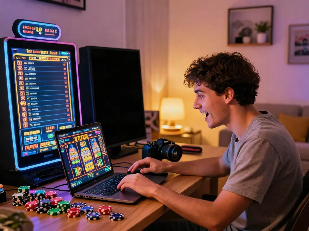 Exciting home gaming setup featuring a player engaging with slot777 online on a sleek laptop amid colorful promotional materials and ambience.