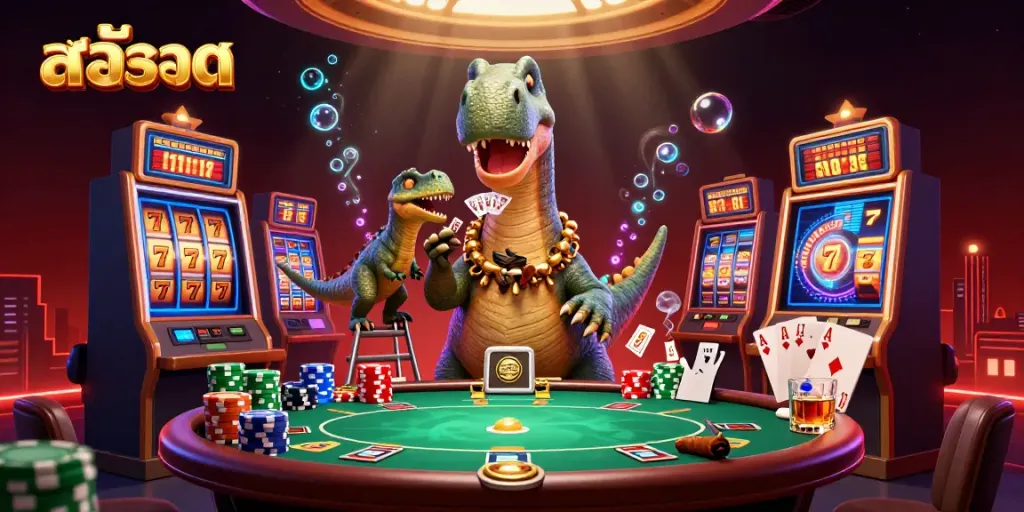 Spin slot machines and win big in this colorful 3D casino scene with สล็อต themes.