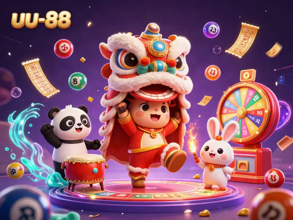 Engage in dynamic gameplay with uu-88 as colorful lottery balls and festive characters create a captivating casino atmosphere.
