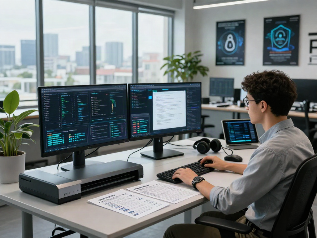 Document fraud detection tools in a modern cybersecurity workspace, showcasing data analysis and verification.