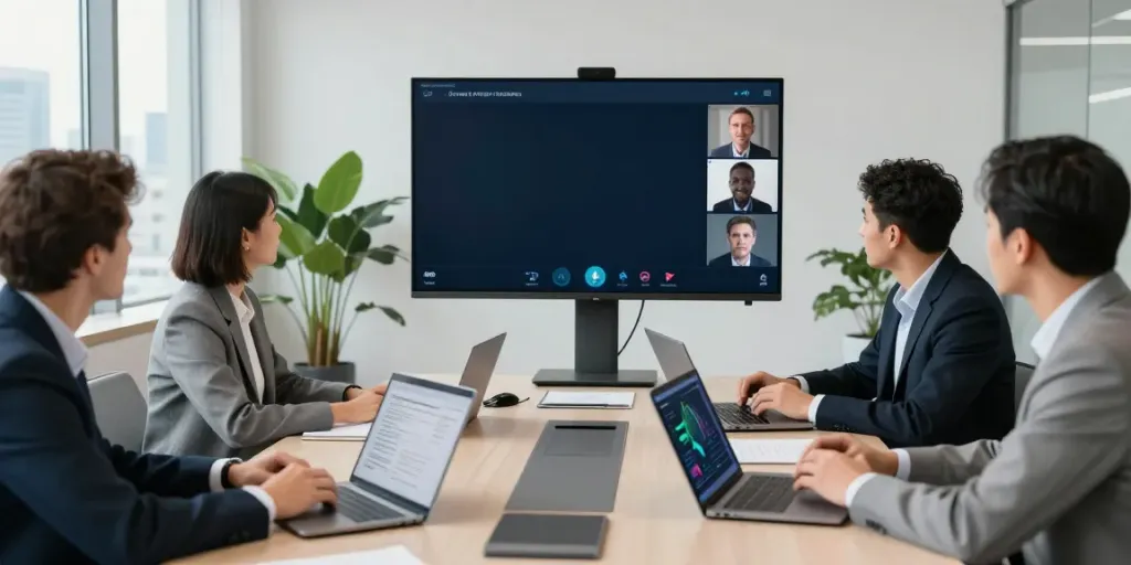 Engaging in deepfake-protected meetings in a modern corporate setting with diverse professionals and digital screens.