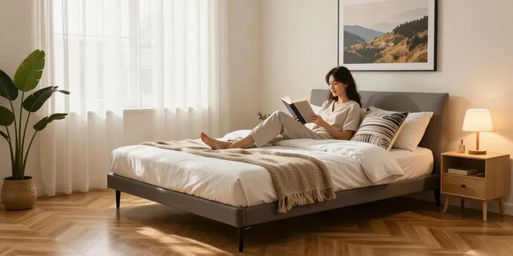Cozy portable bed in inviting bedroom, with natural light and relaxing atmosphere.
