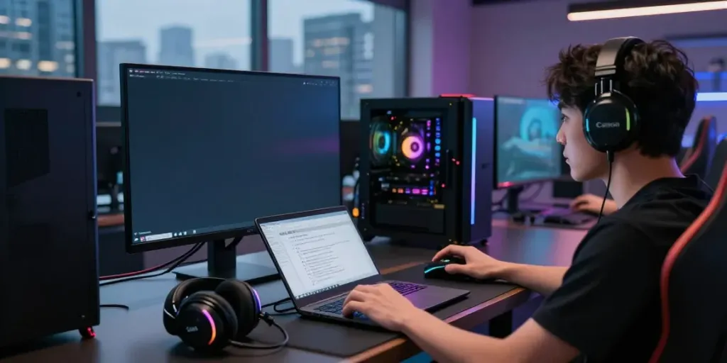 Engaging gaming setup showcasing situs singatoto with a focused player and dynamic digital environment.