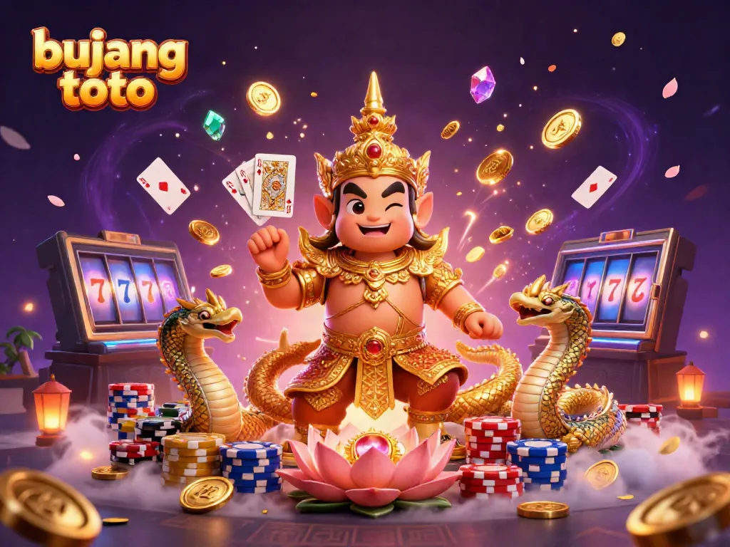 Experience thrilling wins with bujang toto in this vibrant 3D casino illustration, depicting fun gaming elements.