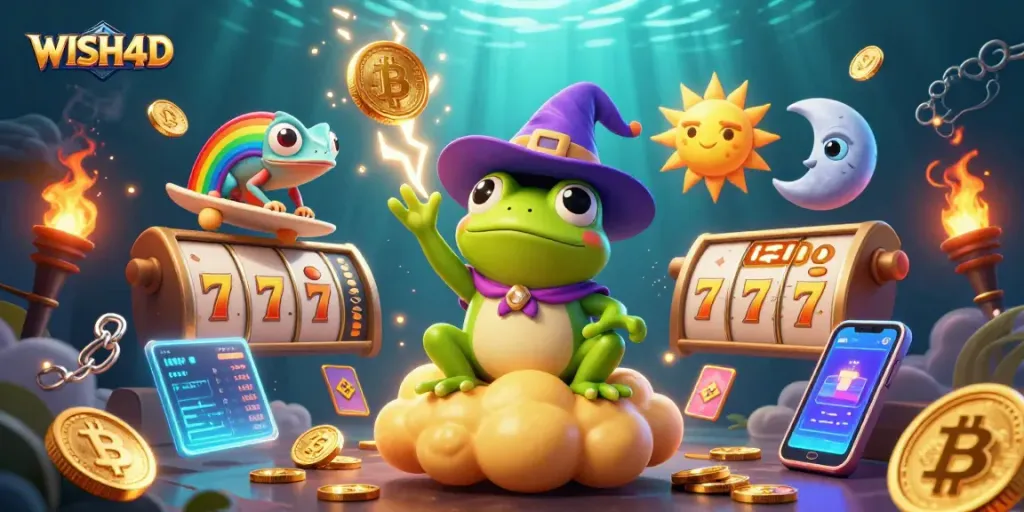 Experience the thrill of WISH4D with a vibrant 3D rendering of a wizard frog and chameleon surrounded by jackpots.