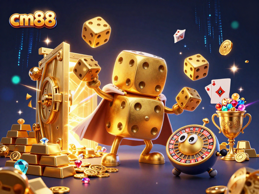 Win at cm88 with a vibrant scene of golden dice and casino treasures in action.