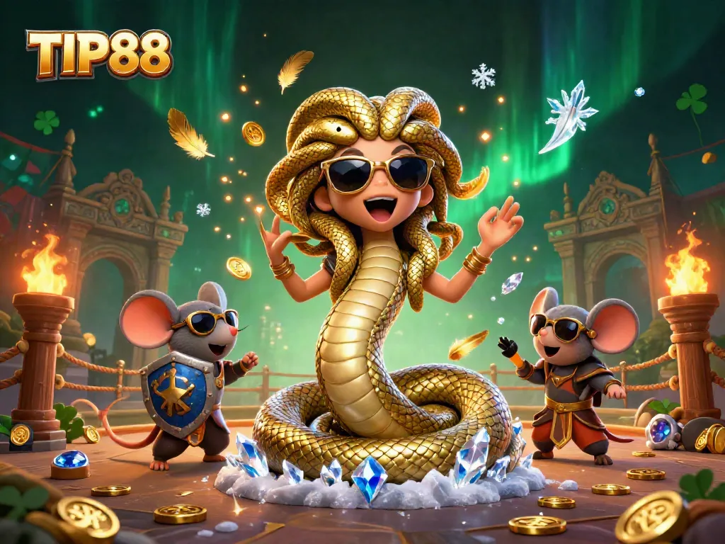 Experience thrilling gameplay at TIP88 with a dynamic scene of friendly Medusa and a warrior mouse in a vivid casino arena.