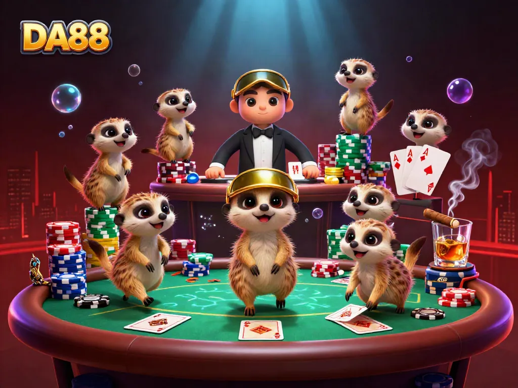 Win big at DA88 with a dynamic meerkat casino scene showcasing vibrant poker action.
