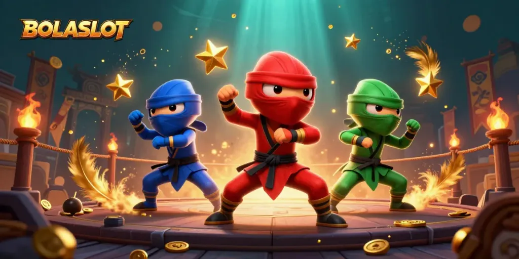 BOLASLOT chameleon ninjas performing martial arts with casino elements, showcasing vibrant slot-themed action.