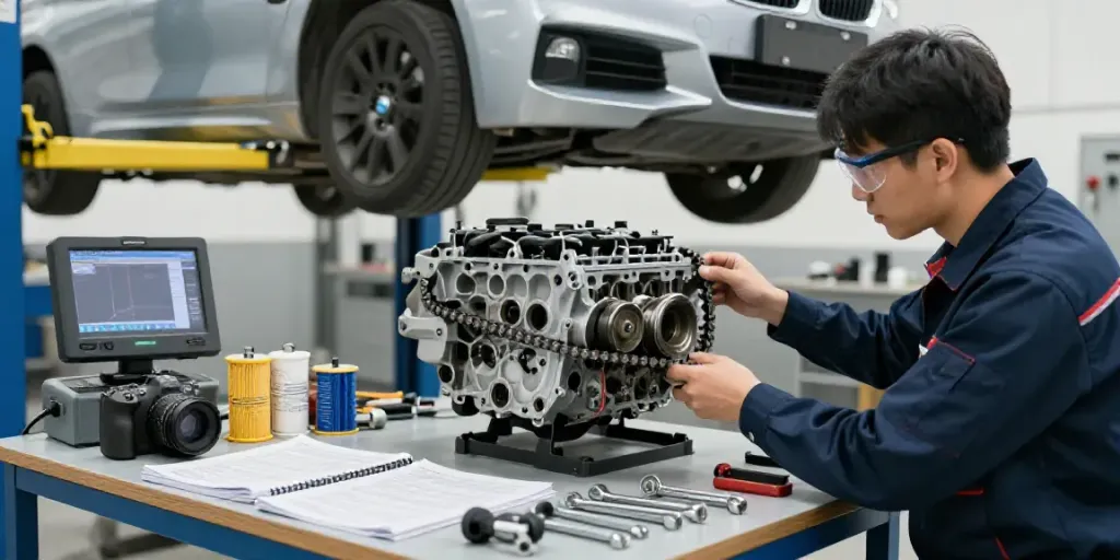 Expert mechanic performing steuerkette wechseln hannover in an auto workshop