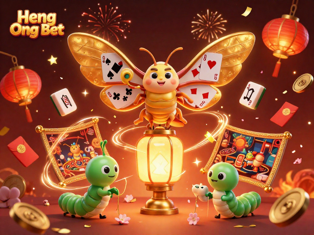 Experience excitement with Heng Ong Bet featuring a vibrant casino scene with festive elements and a majestic moth.