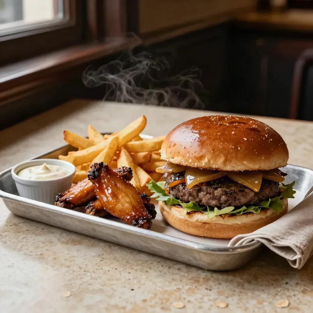 Burger, fries, wings, sauce ramekin, and linen napkin on a tray with rising steam.