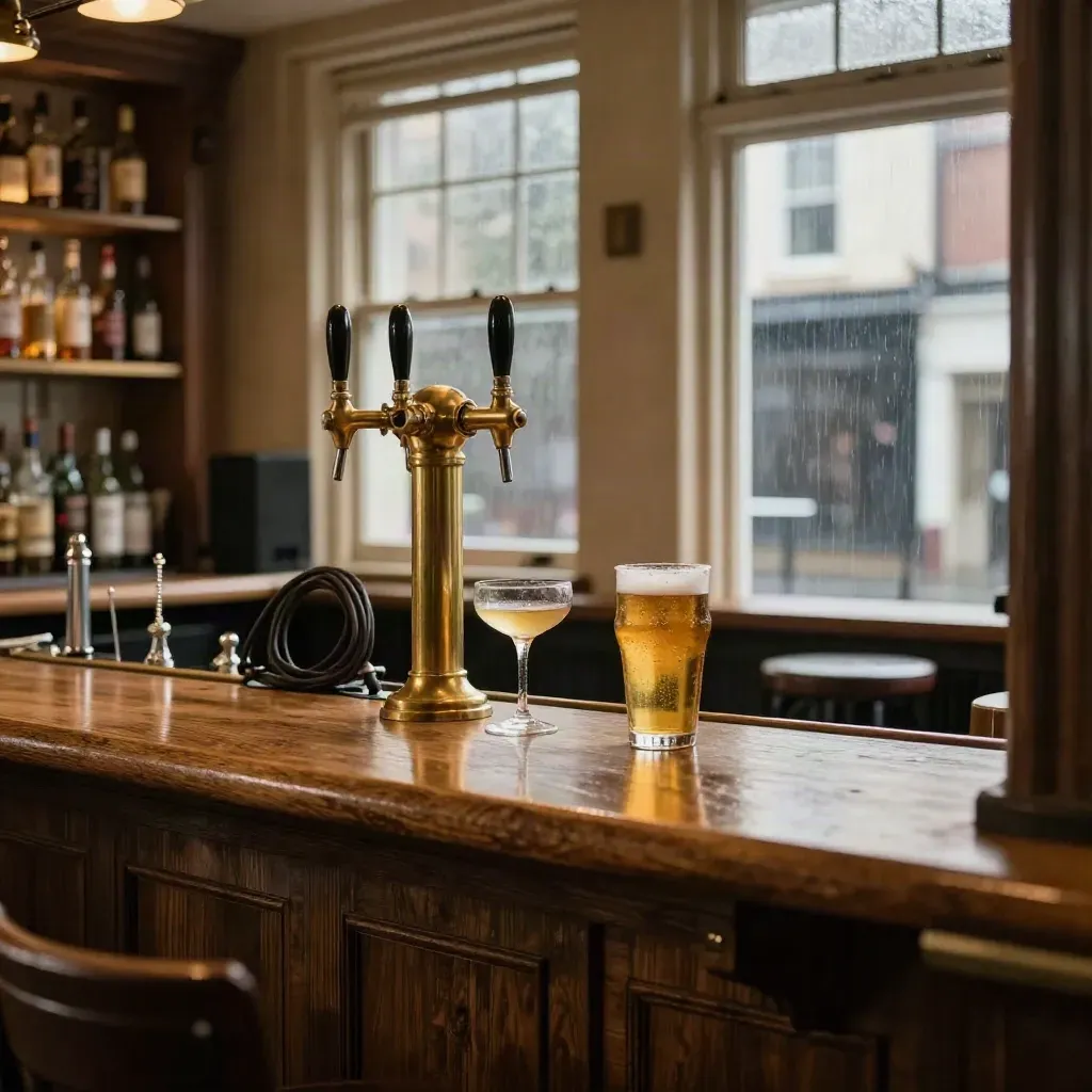 Moody pub bar with brass taps, amber pints and rain-softened windows at dusk.